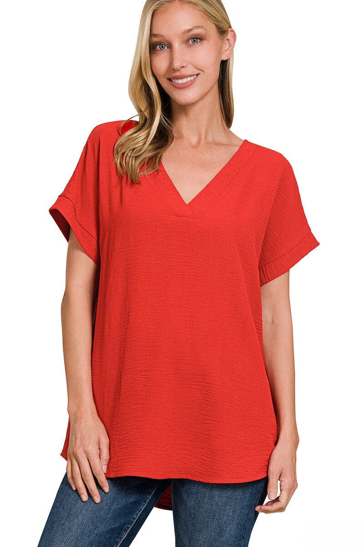 Zenana Woven Airflow V-Neck Hi-Low Hem Top