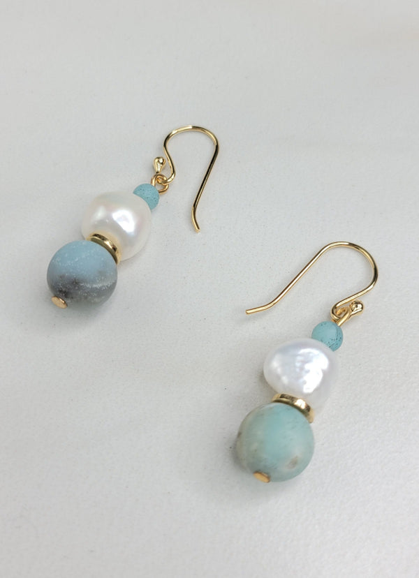 Handmade Earrings with Amazonite Stone and Freshwater Pearls