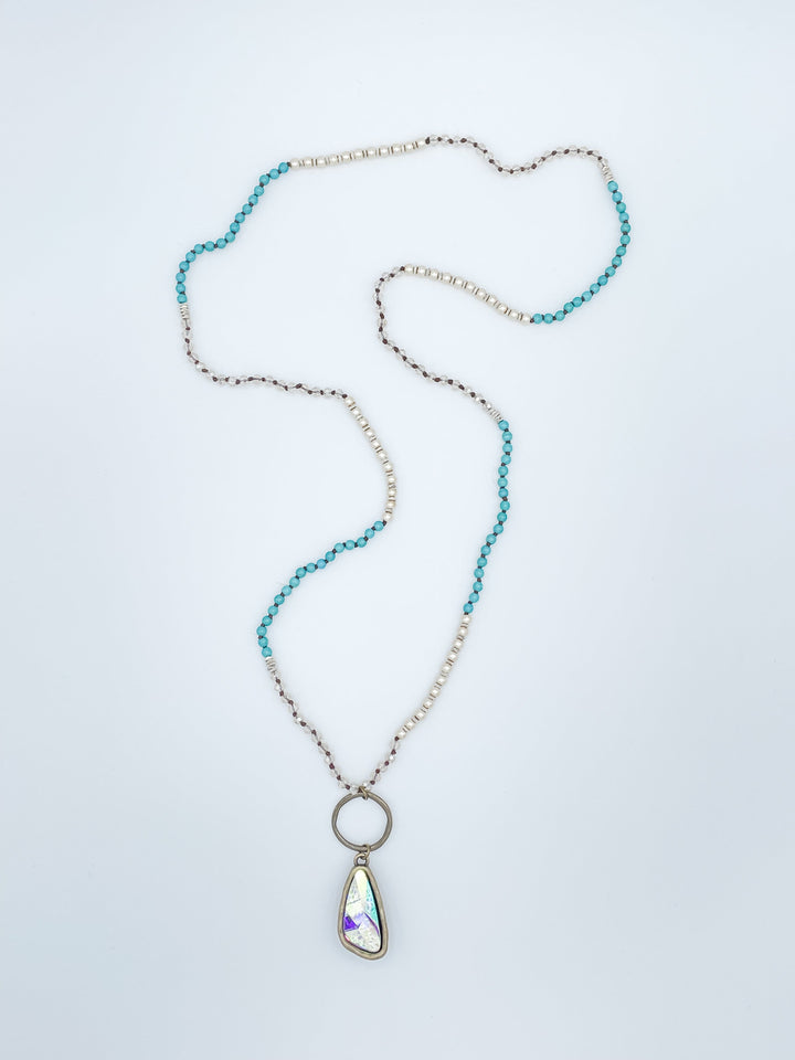 Blue and Gold Dreams Long Necklace with Crystal Pendant