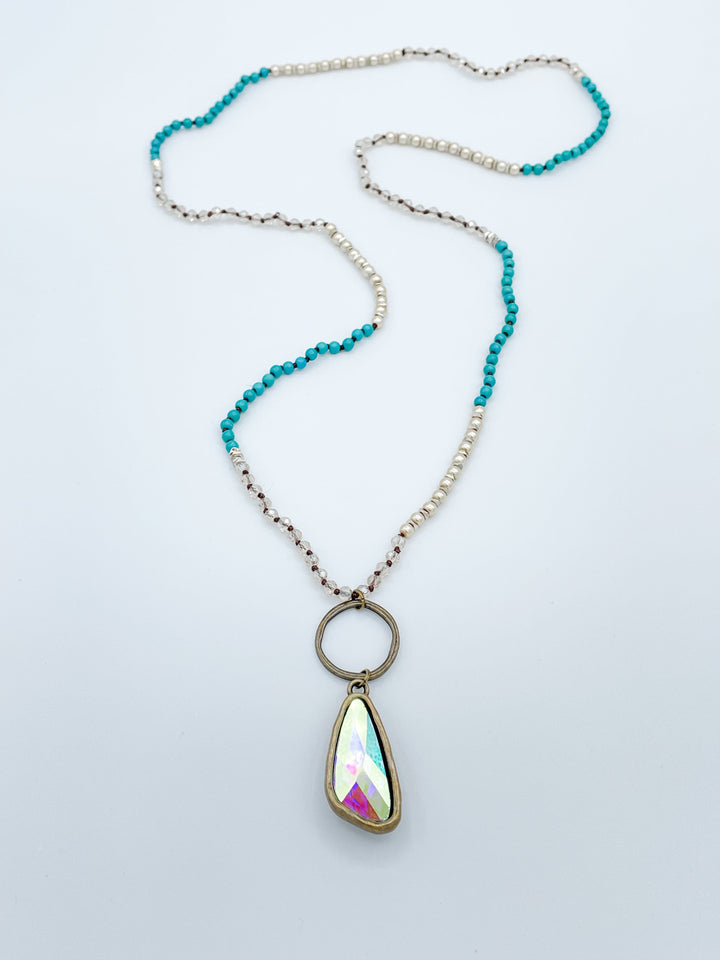 Blue and Gold Dreams Long Necklace with Crystal Pendant