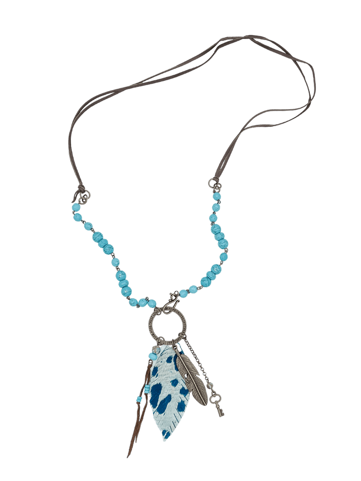 Blue Beaded Necklace with Feather, Key and Tassel