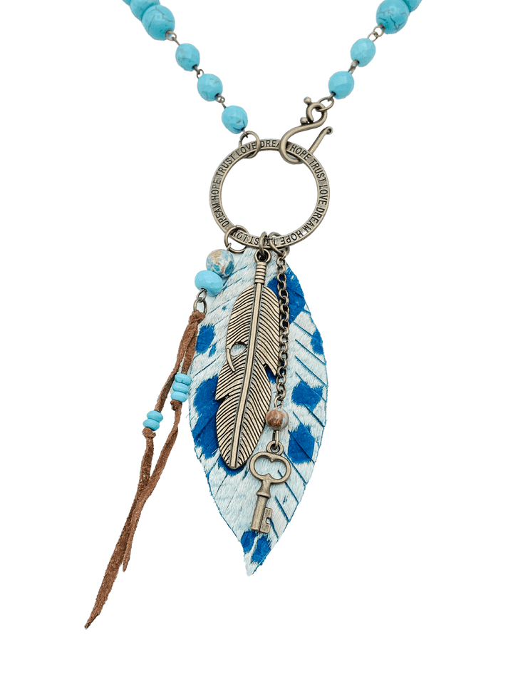 Blue Beaded Necklace with Feather, Key and Tassel