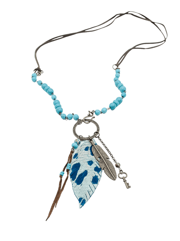 Blue Beaded Necklace with Feather, Key and Tassel