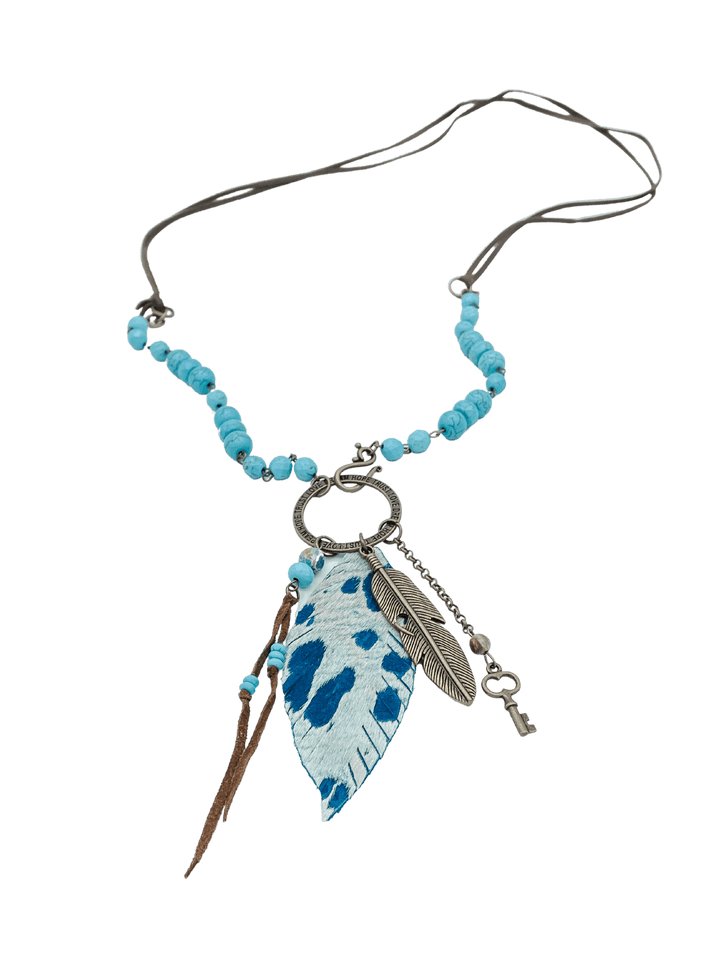 Blue Beaded Necklace with Feather, Key and Tassel