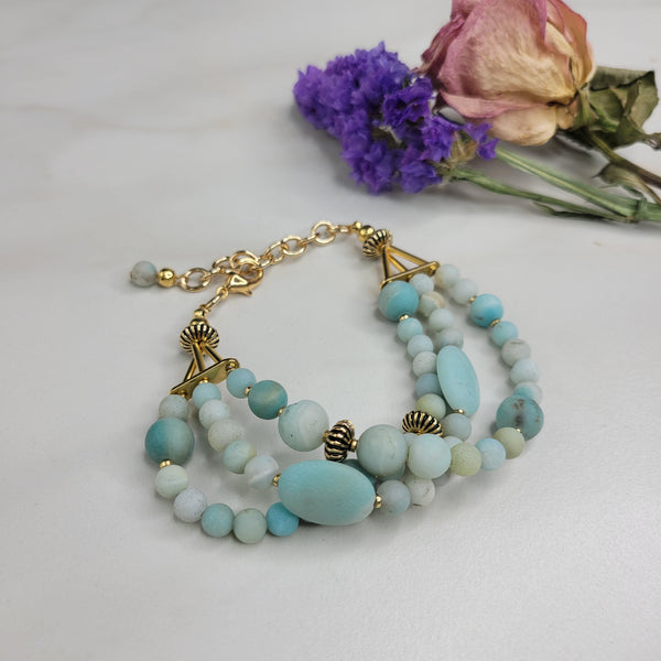 Handmade Blue Amazonite Three Strand Bracelet with Vintage Elements