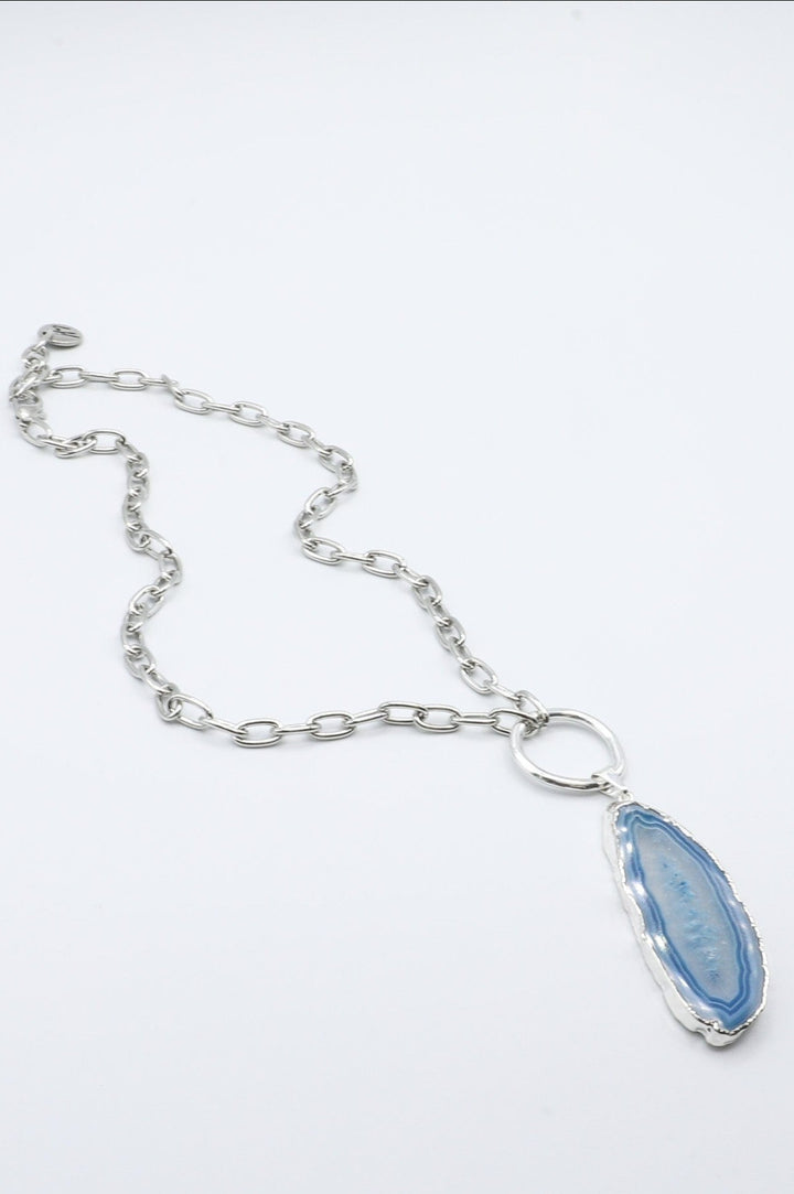 Blue Geode Slice on Silver Necklace