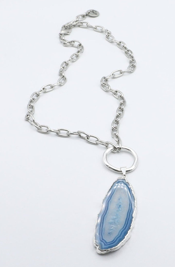 Blue Geode Slice on Silver Necklace