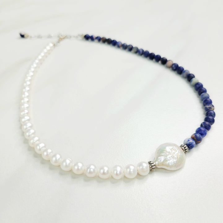 Blue Surf Necklace with Blue Sodalite Beads and Freshwater Pearls