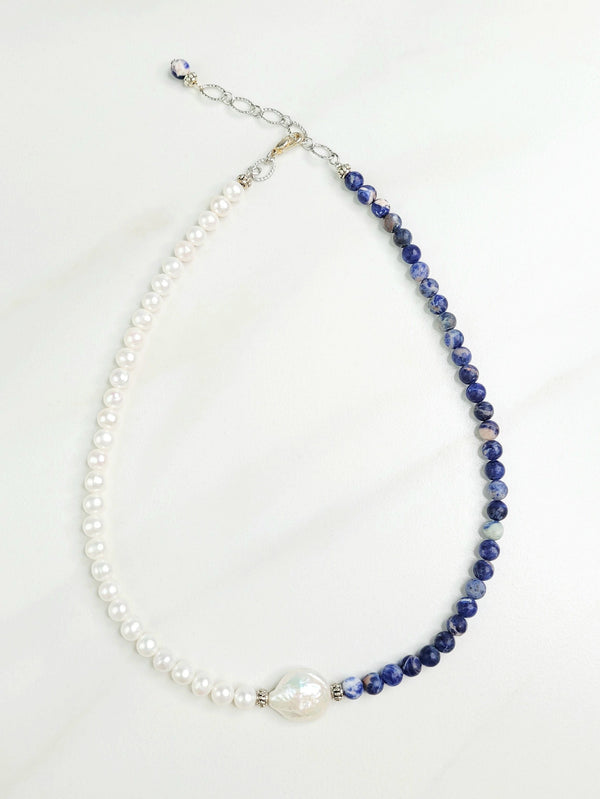 Blue Surf Necklace with Blue Sodalite Beads and Freshwater Pearls