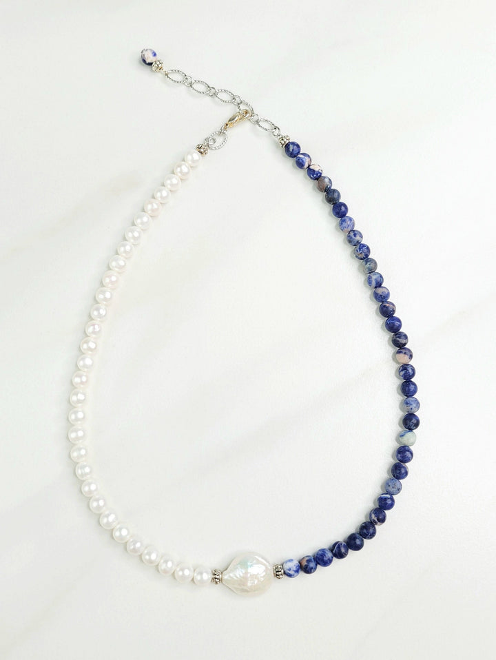 Blue Surf Necklace with Blue Sodalite Beads and Freshwater Pearls