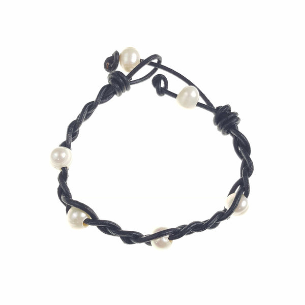 Braided Leather and Pearl Bracelet