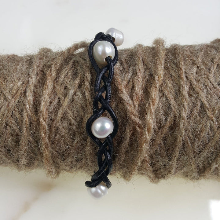 Braided Leather and Pearl Bracelet