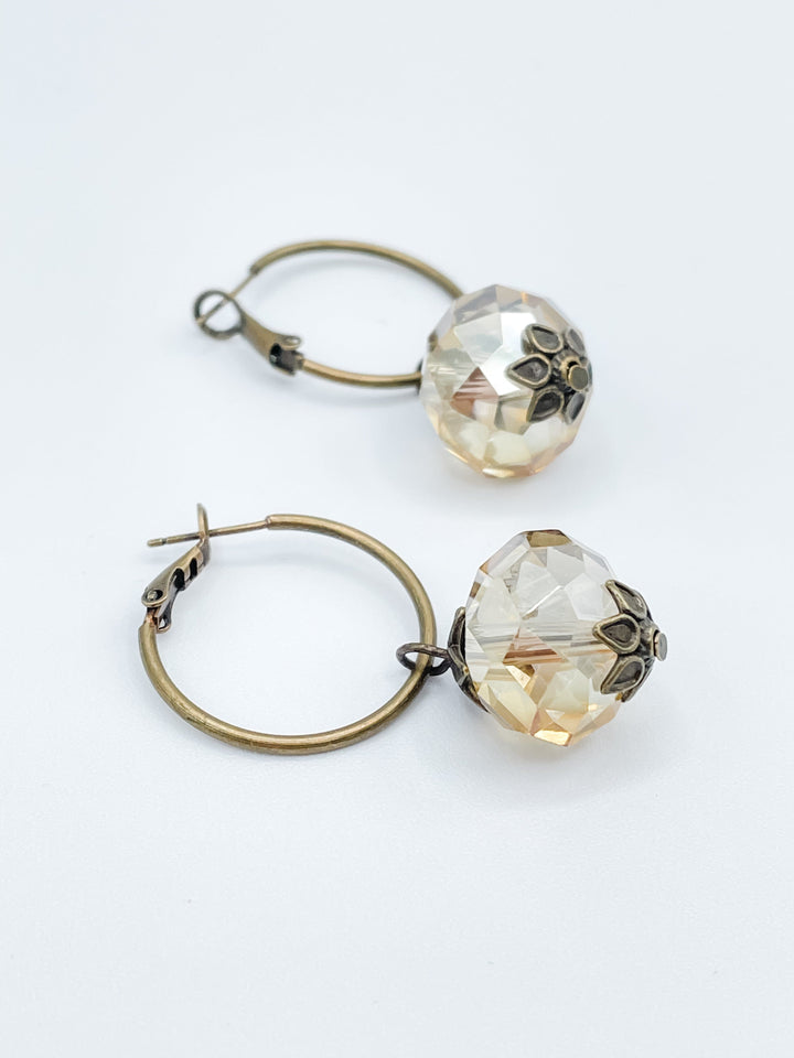 Bronze Hoop Earrings with Faceted Crystal Ball