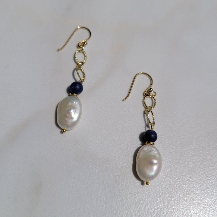 Handmade Freshwater Pearl and Lapis Lazuli Drop Earrings