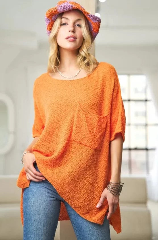 Davi & Dani Solid Round Neck Loose Sweater Top