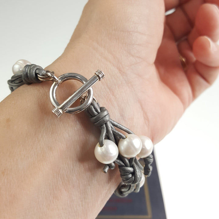 Double Pearl and Leather Braided Bracelet