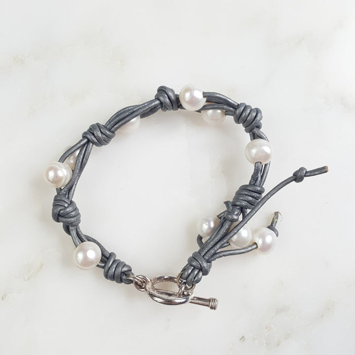 Double Pearl and Leather Braided Bracelet