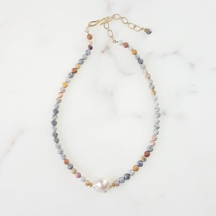 Earth Bound Sky Eye Jasper and Baroque Pearl Necklace