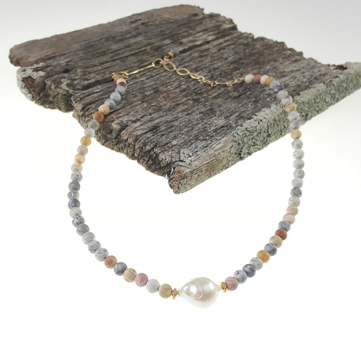 Earth Bound Sky Eye Jasper and Baroque Pearl Necklace