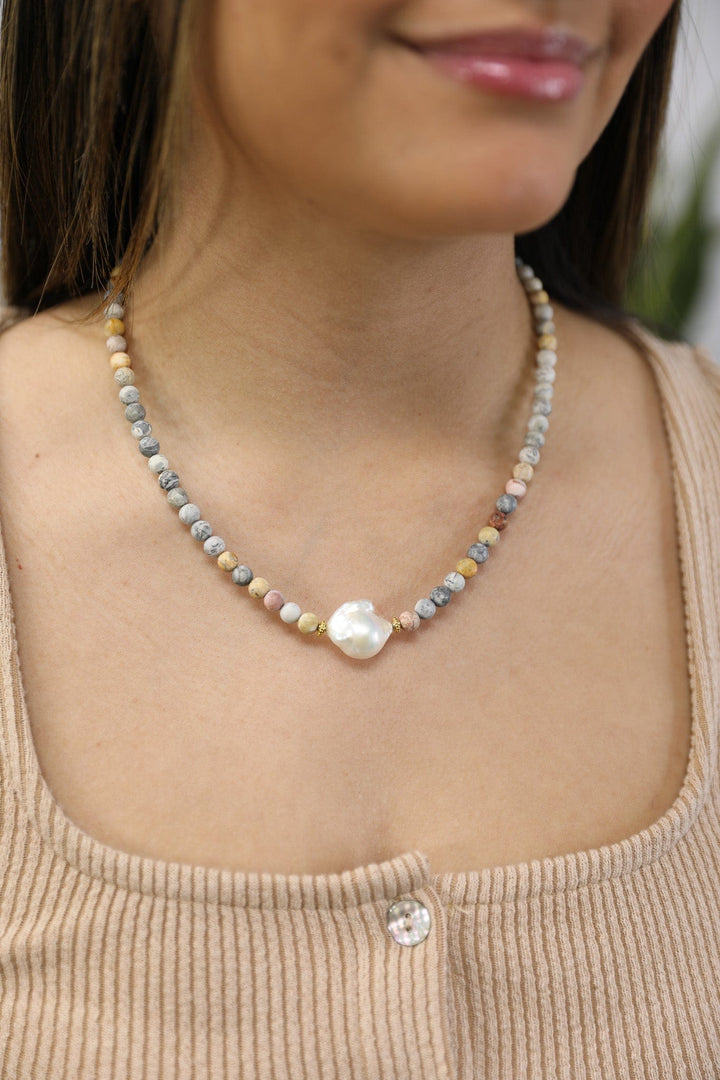 Earth Bound Sky Eye Jasper and Baroque Pearl Necklace