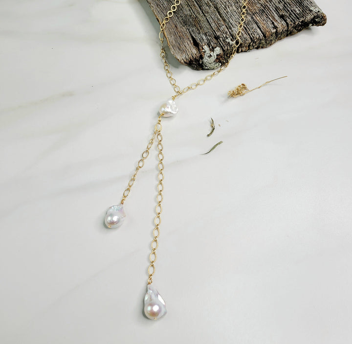 Estelle Baroque Freshwater Pearl Y Necklace in Silver or Gold