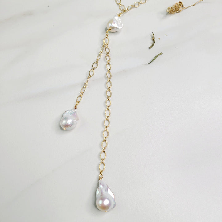 Estelle Baroque Freshwater Pearl Y Necklace in Silver or Gold