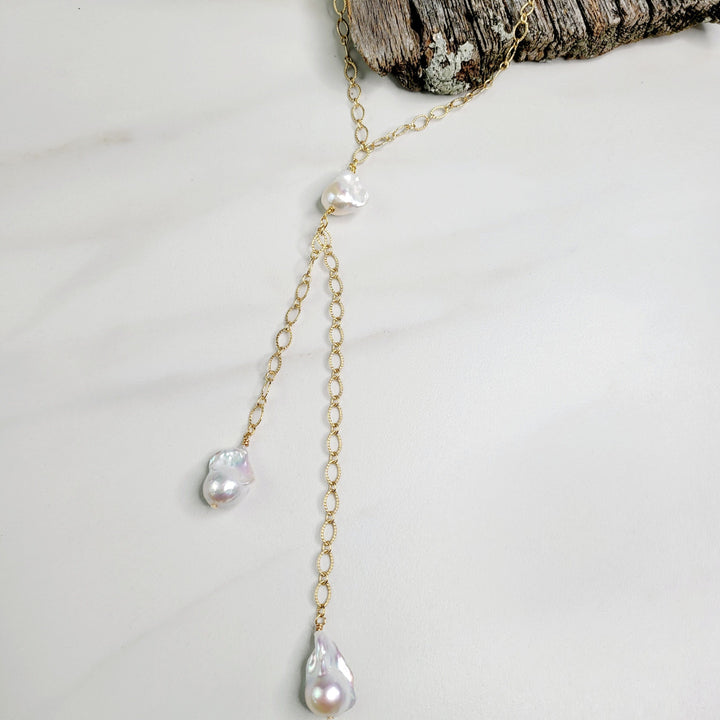 Estelle Baroque Freshwater Pearl Y Necklace in Silver or Gold