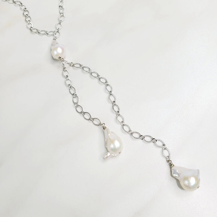 Estelle Baroque Freshwater Pearl Y Necklace in Silver or Gold