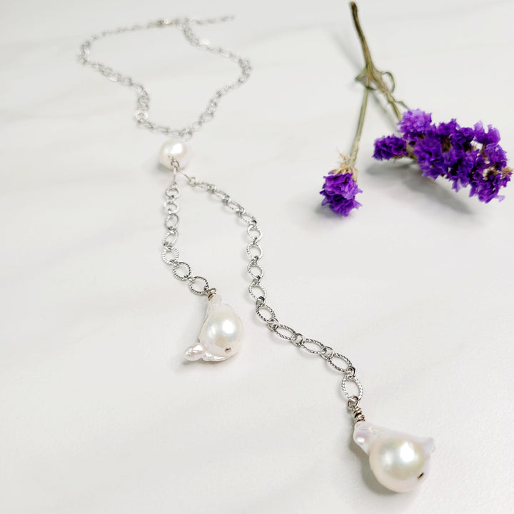 Estelle Baroque Freshwater Pearl Y Necklace in Silver or Gold