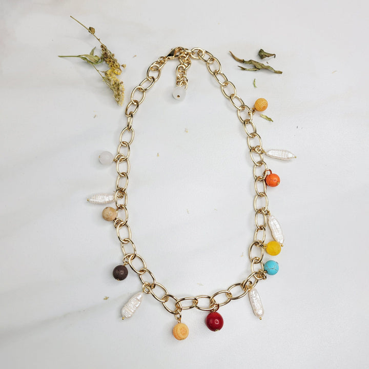 Eye Candy Chain Necklace with Genuine Stone Beads and Freshwater Pearls