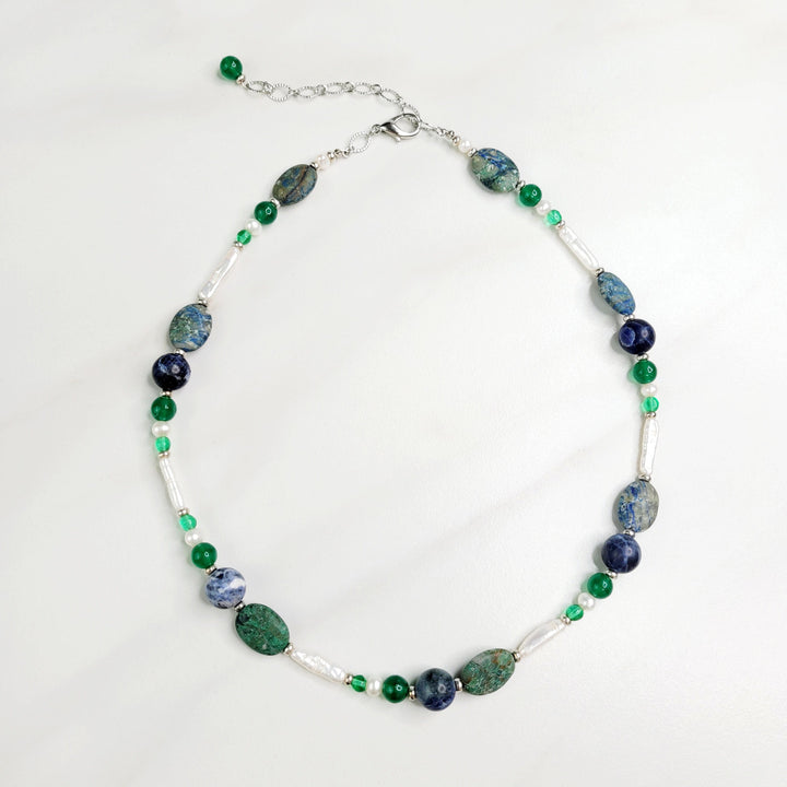 Galen Necklace with Chrysocolla, Sodalite, and Freshwater Pearls