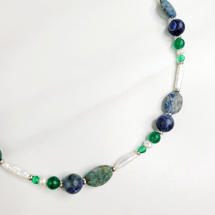 Galen Necklace with Chrysocolla, Sodalite, and Freshwater Pearls