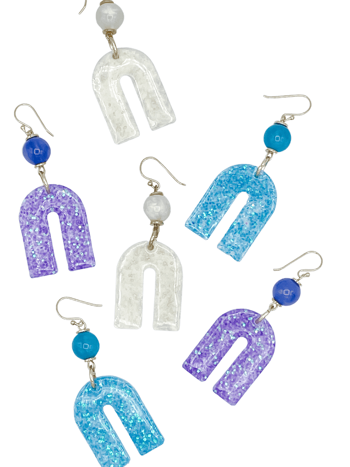 Glittery Statement Resin Earrings Dangle Upside Down U Shape