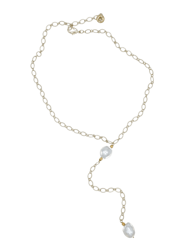 Gold Chain Necklace with Medium Baroque Freshwater Pearls and Drop Feature