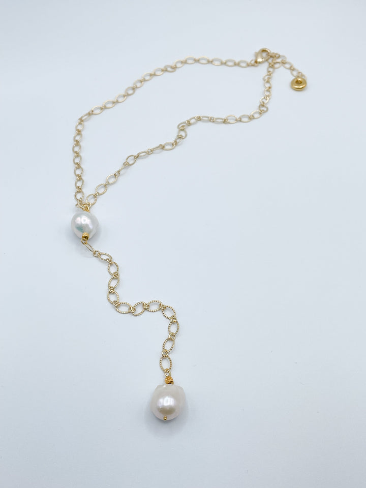 Gold Chain Necklace with Medium Baroque Pearls and Drop Feature