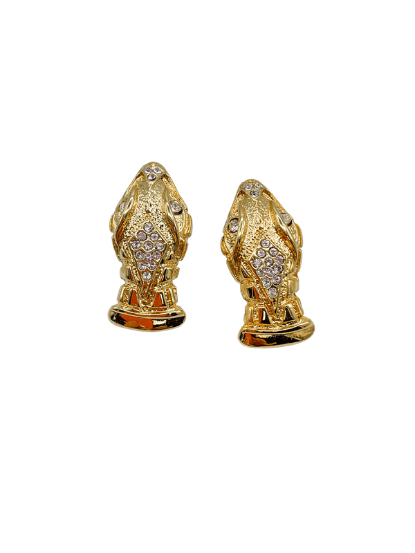 Gold Snake Head Earrings with Crystals