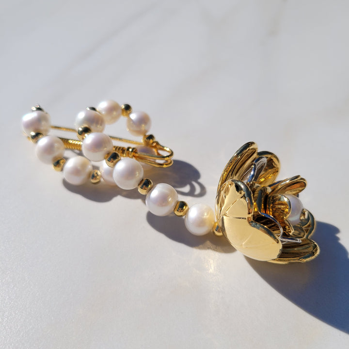 Golden Dancing Trillium Flower Pearl Brooch Pin