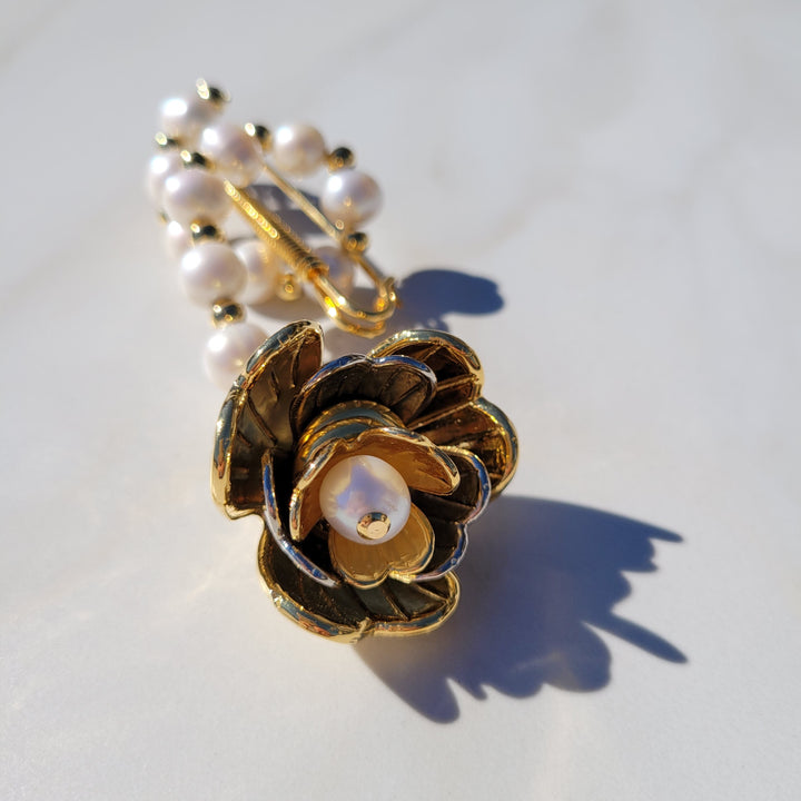 Golden Dancing Trillium Flower Pearl Brooch Pin