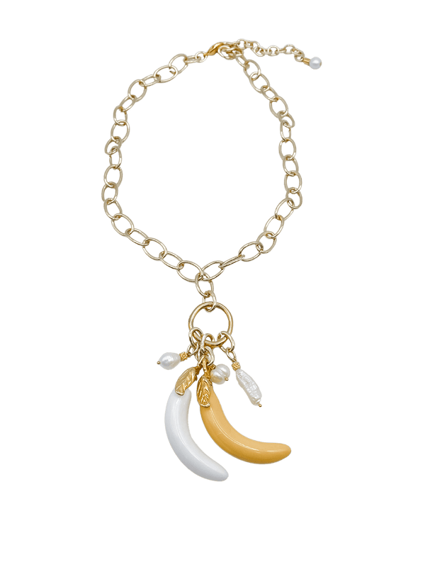 Goldtone Necklace with Ring Holding Freshwater Pearls and Bananas