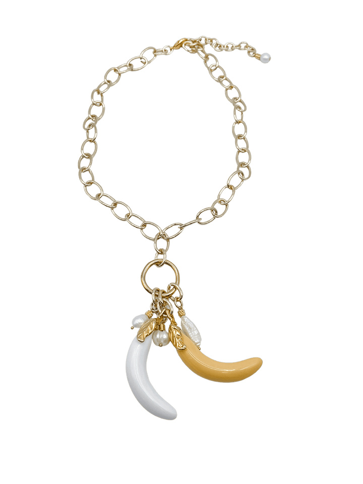 Goldtone Necklace with Ring Holding Freshwater Pearls and Bananas