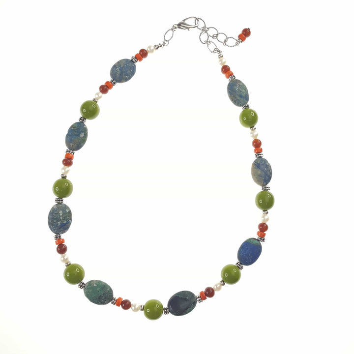 Green Earth Necklace with Chryscolla and Freshwater Pearls