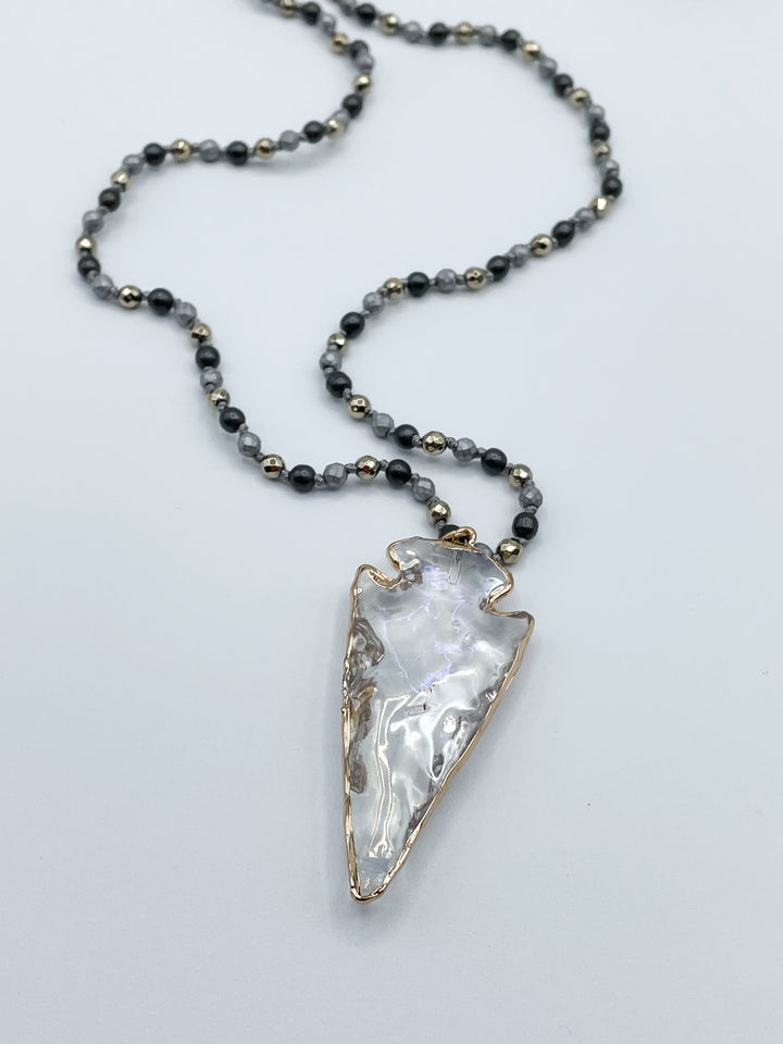 Grey Beaded Necklace With Arrowhead