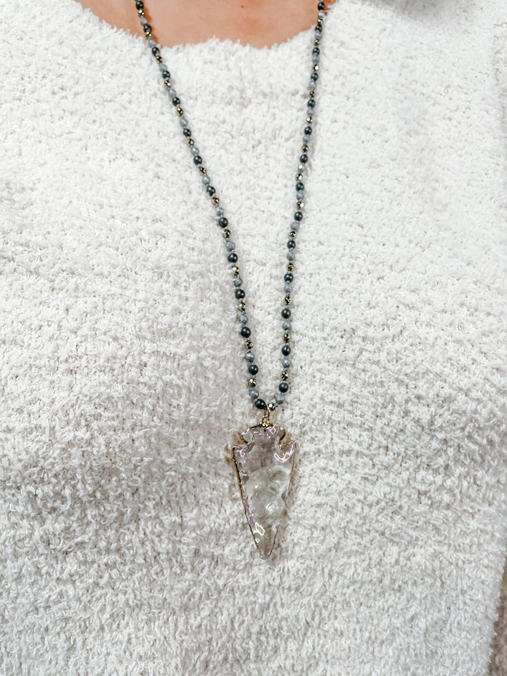 Grey Beaded Necklace With Arrowhead