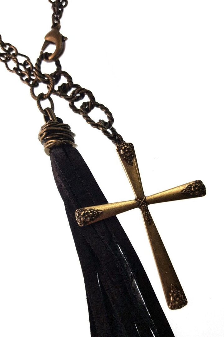 Handmade Antique Chain Necklace with Leather Tassel and Cross