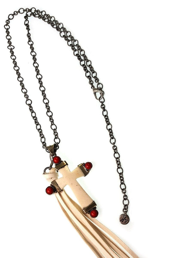 Handmade Chain Necklace with Leather Tassel and Stone Cross