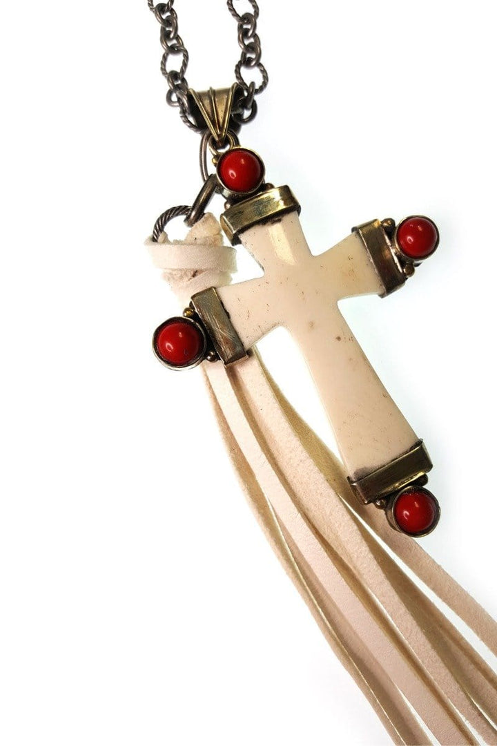 Handmade Chain Necklace with Leather Tassel and Stone Cross