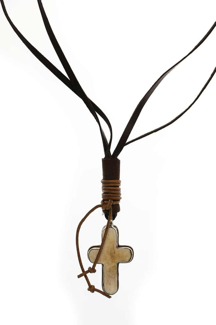 HANDMADE LEATHER NECKLACE WITH BONE CROSS PENDANT