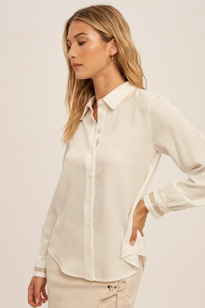 Hem & Thread Embellished Detail Sleeve Soft Satin Button Down Blouse Top