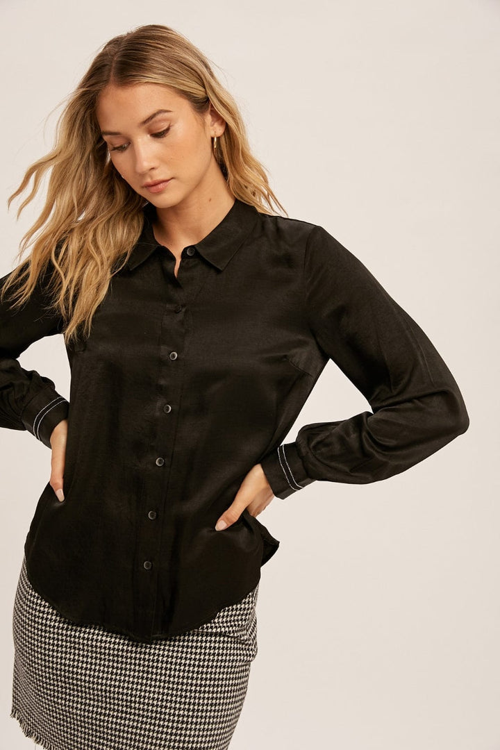 Hem & Thread Embellished Detail Sleeve Soft Satin Button Down Blouse Top