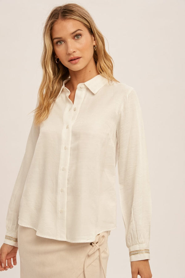 Hem & Thread Embellished Detail Sleeve Soft Satin Button Down Blouse Top